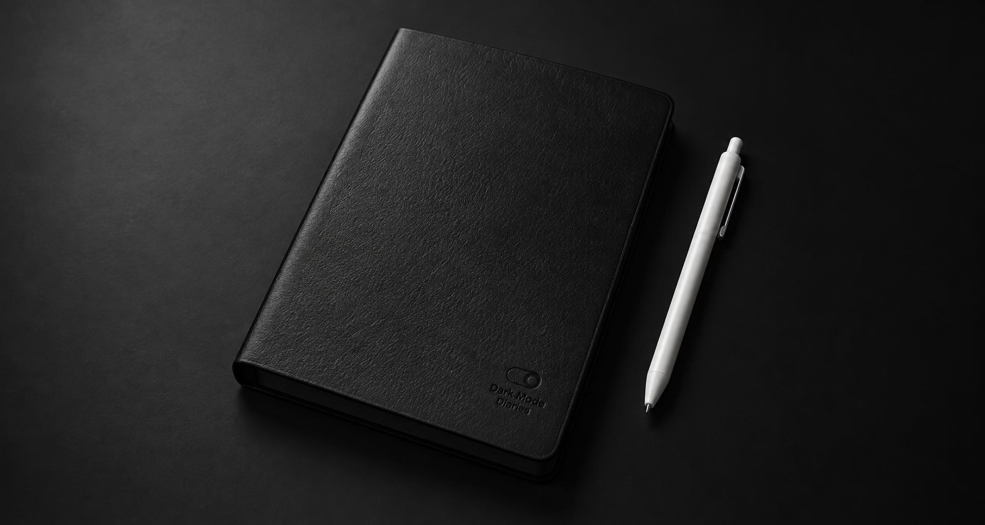 Black faux-leather Dark Mode Diaries notebook with rounded corners, dark page edges, and a white pen.