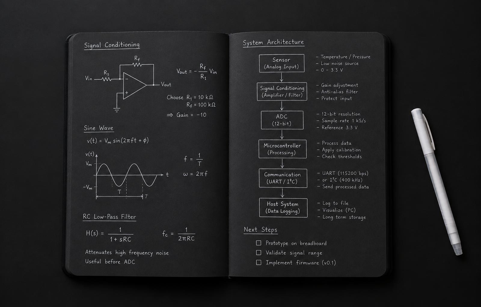 Open charcoal notebook with handwritten white equations, a circuit diagram, graph and system architecture notes.
