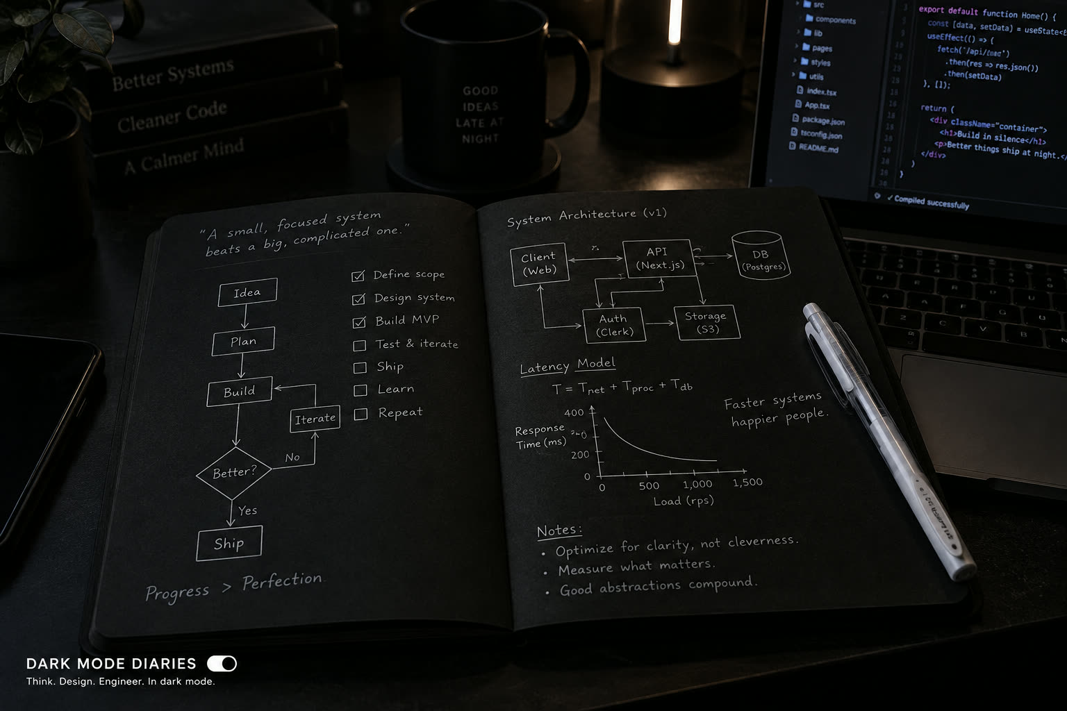 Open dark notebook on a desk with white-ink flowcharts, a system architecture sketch and a checklist, a white pen resting on the page beside a dark-mode laptop.